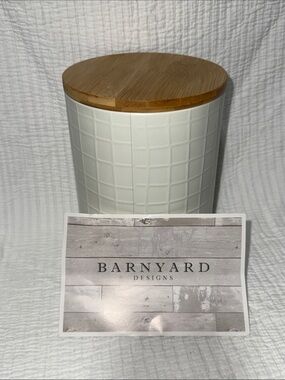 White Metal Storage Canister with Bamboo Lid